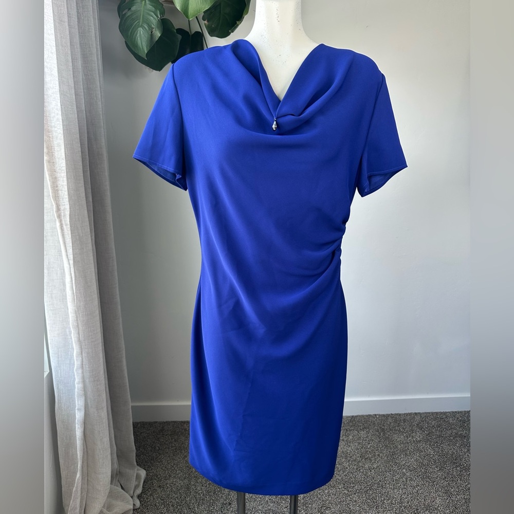 St. John Draped Neck Royal Blue Midi Dress – Size 6